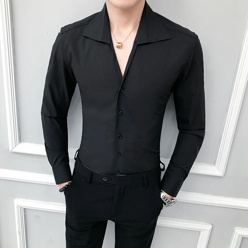 Рубашка мужская с длинным рукавом однотонная приталенная отложным