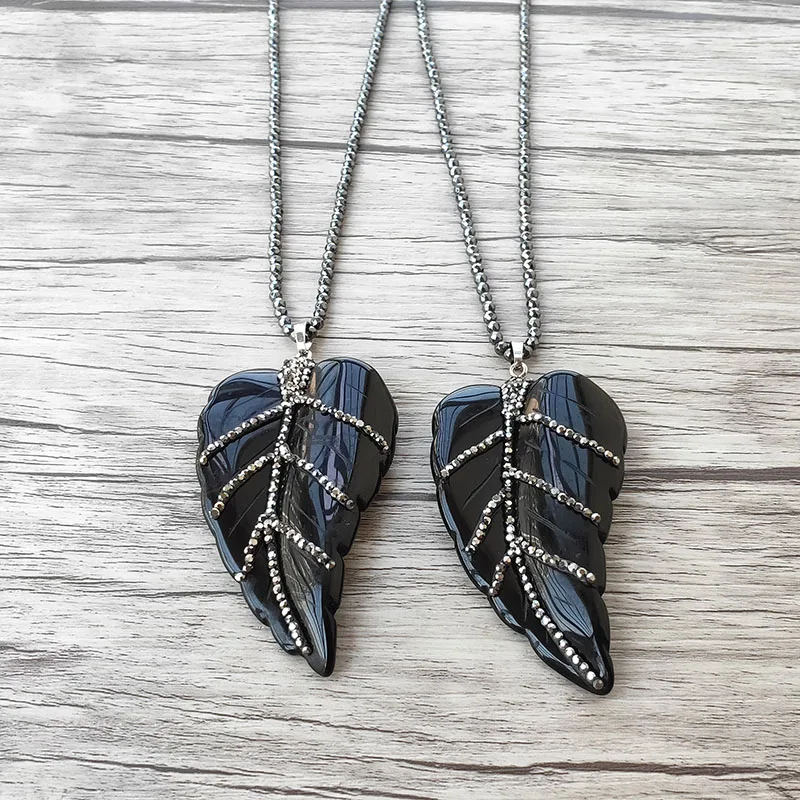 5Pcs Hematite beads necklace,obsidian stone leaf shape charm Pendant rhinestone crystal pave For Women Jewelry NK517