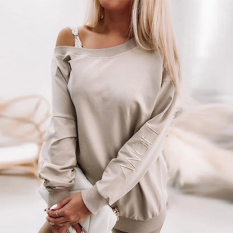 

Женская футболка с длинными рукавами, Повседневная футболка с буквенным принтом и аппликацией, пуловер с блестками и крыльями, топы, шикарн...