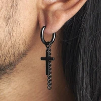 men cross with chain earrings hoop black taeyong piercing stainless steel fringed chain earing