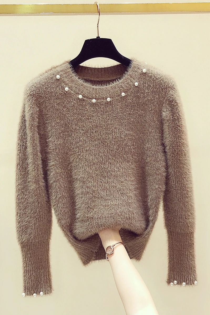 

2020 Autumn Winter New Mink Fur Beaded Round Neck Short Sweater Women's Korean Long Sleeve Knitwear Fashion Sweater Girls Jumper