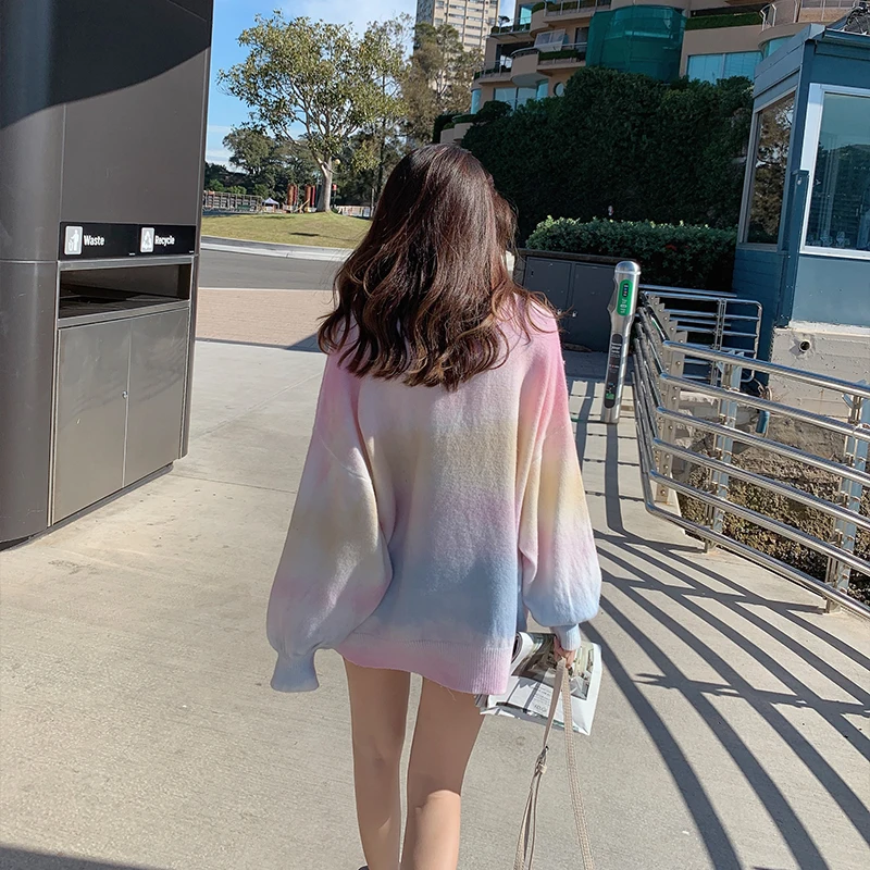 MISHOW Spring Autumn Rainbow Pink Sweater women V-neck Loose Long Sleeves Knit Pullover Over Size Outer Wear Tops MX19C5425 | Женская