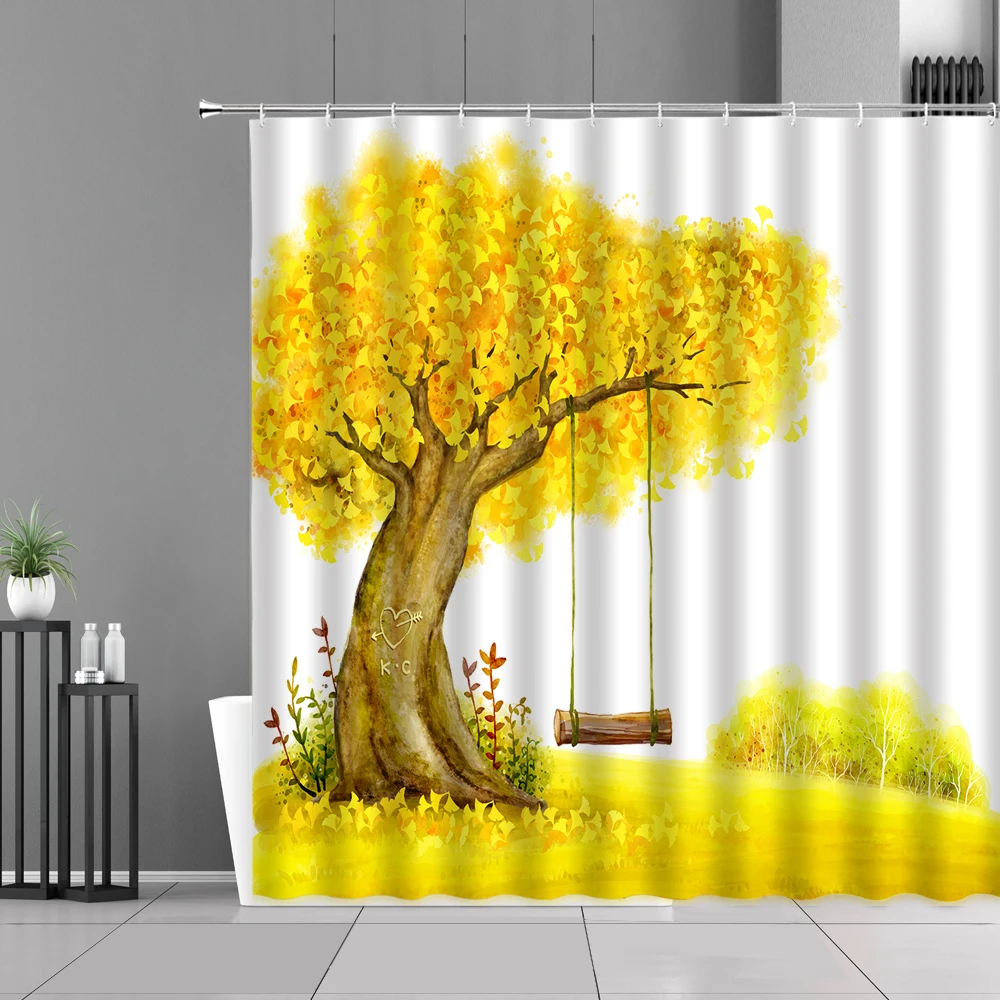

Yellow Forest Landscape Shower Curtains Modern Oil Painting Natural Scenery Waterproof Bathroom Curtain Screen Home Decor Cloth