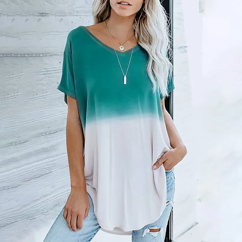

2021 Summer New Gradient Printing V-neck Short Sleeve Long Length Casual Loose T-shirt for Women