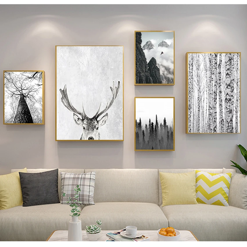 

Canvas Painting Nordic Wall Art Poster Minimalist Living Room Picture Scandinavian Forest Deer Eagle Black White Landscape Decor