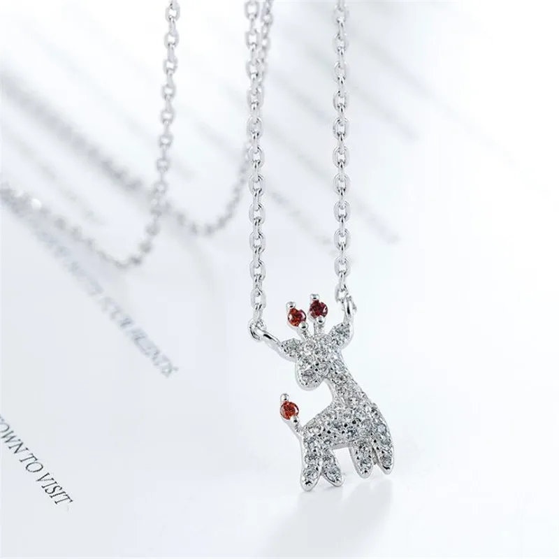 

New Temperamet Cute Full Crystal Deer 925 Sterling Silver Jewelry Fashion Personality Christmas Animal Necklaces H463