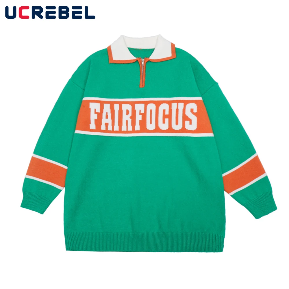 

Мужской Жаккардовый свитер с отложным воротником и надписью, Осенний Повседневный вязаный свитер с контрастными панелями, уличная одежда, ...