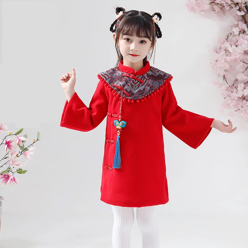 Стеганое платье Hanfu для девочек зимнее теплое детское шерстяное красное