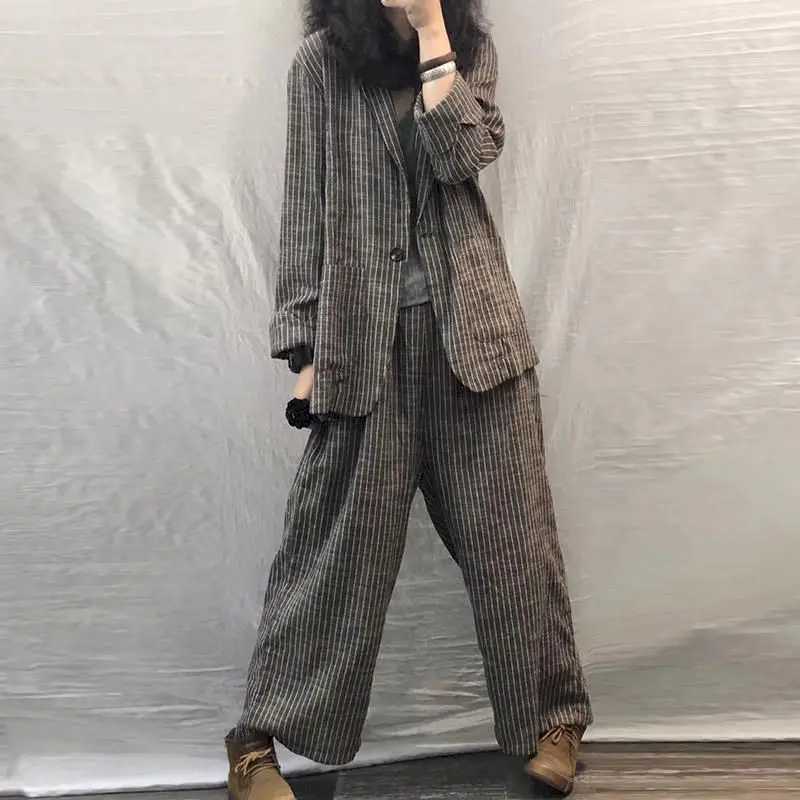 

2021 Spring Autumn Women Suit Large Size Casual Suits Fashion Art Retro Loose 2 Piece Set Women Suit Blazer and Pants Linen Set