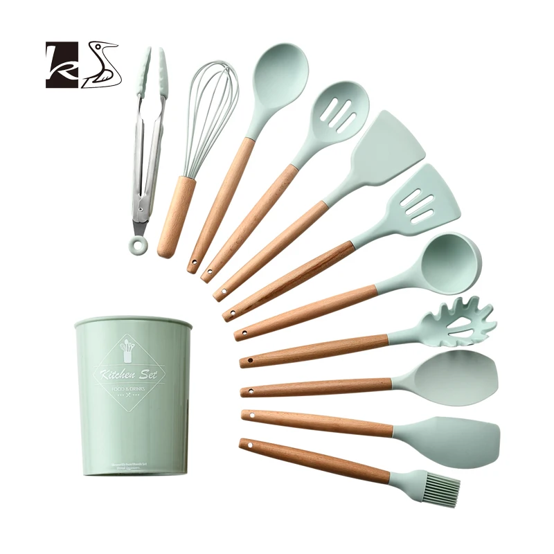 

Sets of kitchen utensils with wood handle and silica gel, environmental material kitchen sets used for non-stick pot