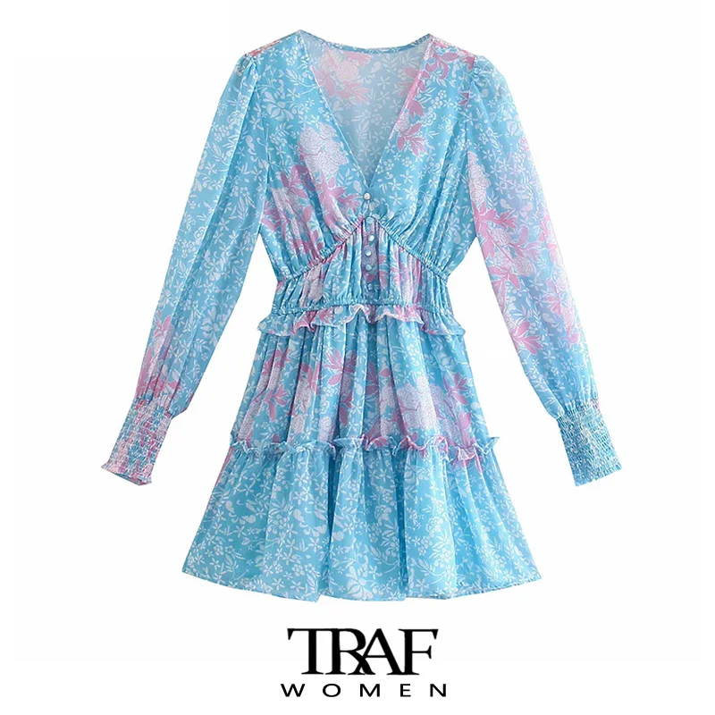 

Платье-мини с цветочным принтом, оборками и длинным рукавом