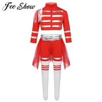 kids girls cheerleading uniform hip hop jazz stage dance costume long sleeves zipper crop top with shorts mesh skirt socks set