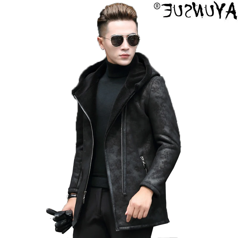 

Genuine men's jacket, winter long jacket, sheepskin jacket, wool jacket