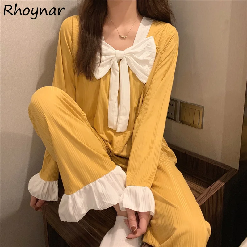 

Pajama Sets Women Bow Patchwork Sweet Square Collar Simple All-match College Princess 2 Pieces Tender Sleepwear Stylish Mujer