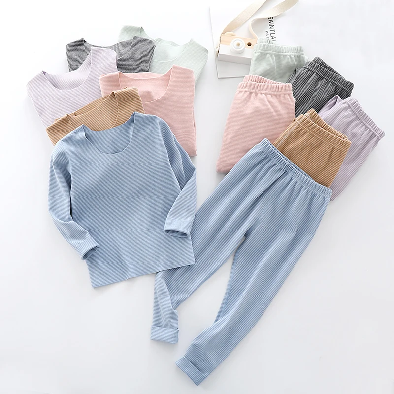 

New Children Thermal Underwear Set Boys and Girls Stripe Clothes Set Casual Baby Kids Warm Suit Sofest Autumn Winter 2021