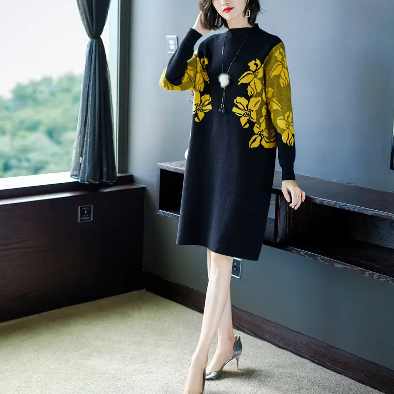 Размера плюс Женский вязанный пуловер свитер платье 2021 осень зима Новые