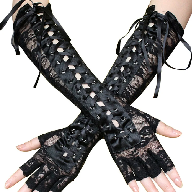 Сексуальные вечерние перчатки для ночного клуба длинные черные кружевные