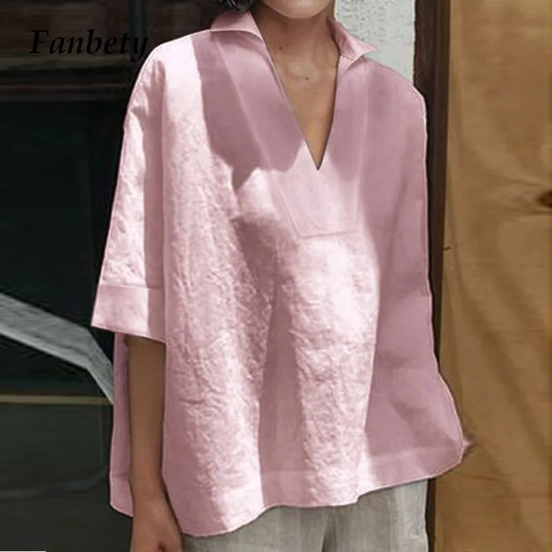 Осенняя элегантная хлопковая льняная Блузка с V-образным вырезом рубашка Женские