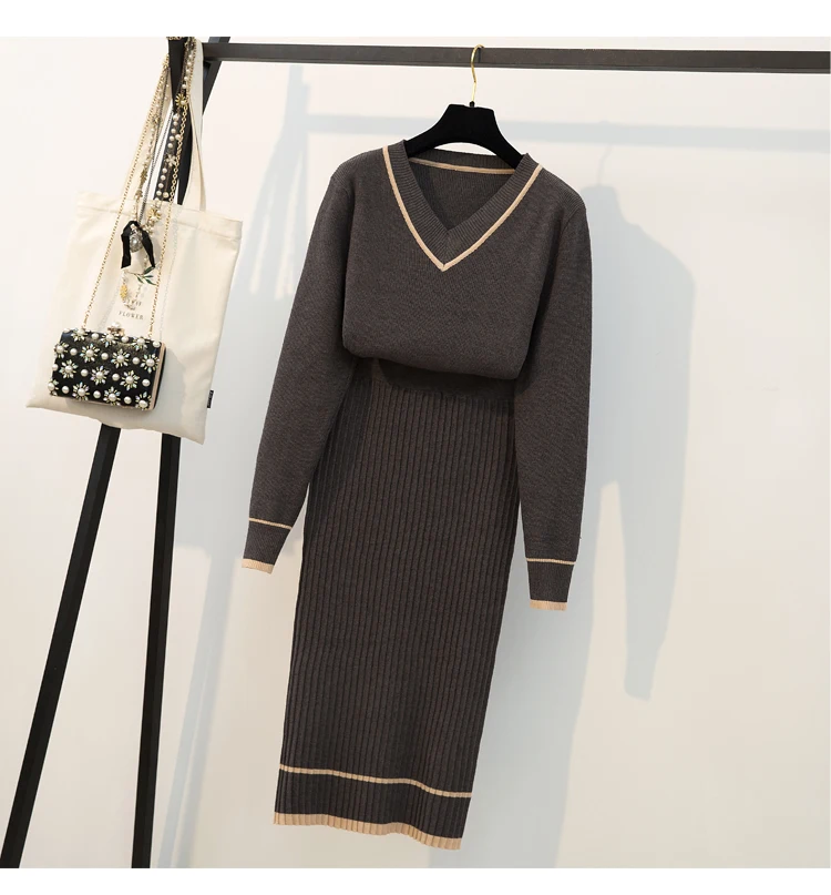 CWBshowGG, большой размер, для женщин, осень, новинка, свободный, тонкий, длинный рукав, v-образный вырез, вязаный Топ+ облегающая юбка, Модный комплект из двух предметов