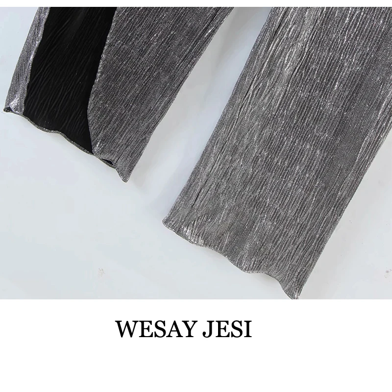 

WESAY JESI Casual Silver Wide Leg Pants For Women High Waist Lace Up Bowknot Straight Trousers Female 2021 Fashion Clothing Tide