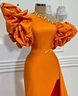Оранжевые на одно плечо Вечерние платья Длинные стразы вечерние платья с пышными рукавами турецкий Couture Выпускной вечерние платья