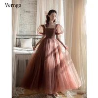 verngo new brown dotted tulle a line prom dresses short puff sleeves a line ankle length formal party gowns simple evening dress