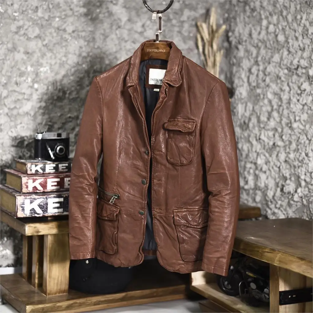 Мужской коричневый винтажный Повседневный блейзер из овечьей кожи с