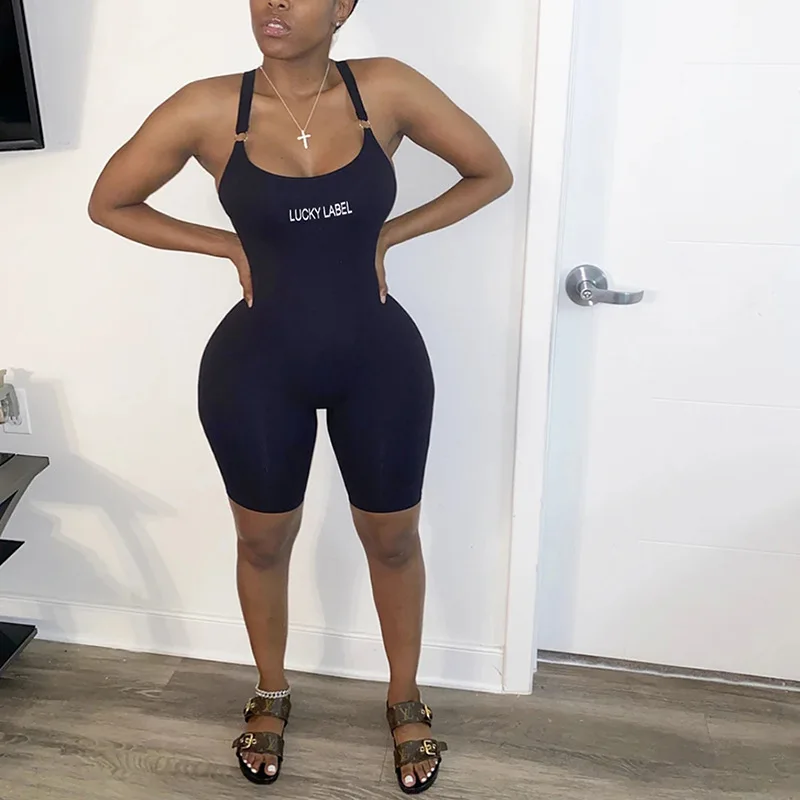 

Backless Ribbed Playsuit Women Sexy Rompers Short Jumpsuit Female Summer Lucky Label Biker Shorts Playsuit Streetwear Fashion