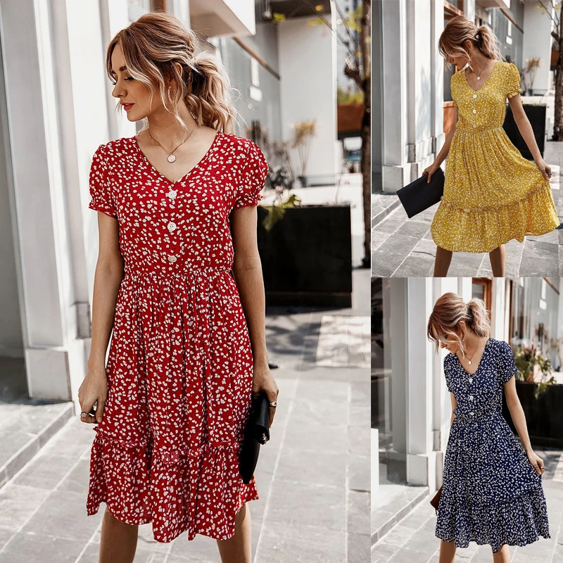 

Summer Women Dress Small Floral Button Dress commuter loose print dress V-neck Dress High Waist Women Dress Summer Women Dress