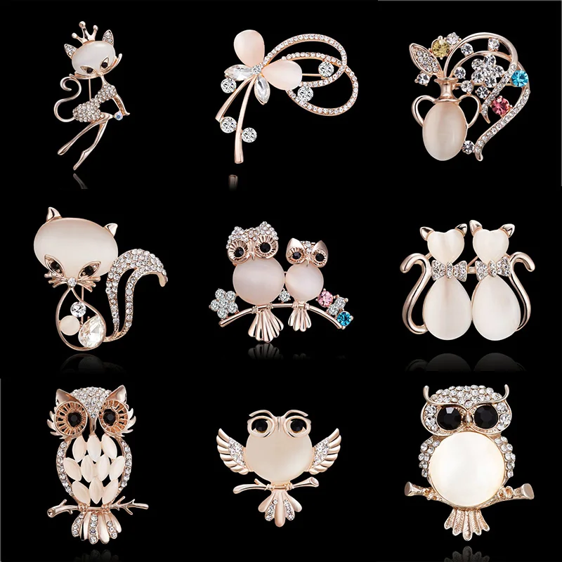 

Cute Animal Cat Owl Bird Opal Brooches Pins For Women New Hot Crystal Party Kids Dress Coat Collar Pin Men Suits Jewelry Gift