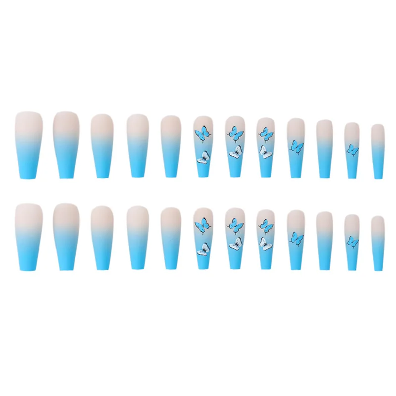 24PCS Blue Butterfly Press On Nails Long Square Head Fake Removable Wearable Artificial Salon DIY Art WD | Красота и здоровье