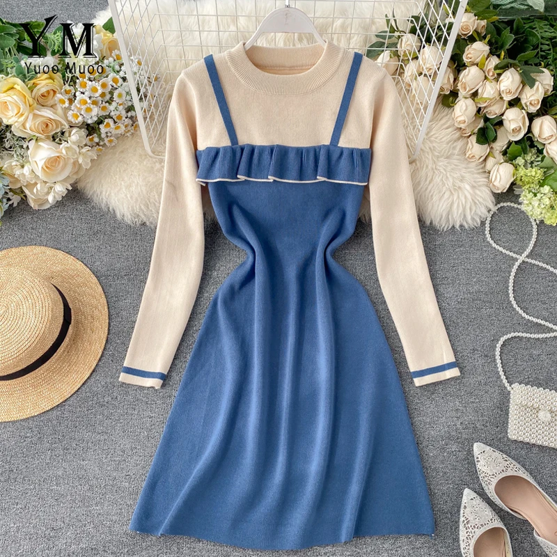 YuooMuoo/осенние вечерние платья трапециевидной формы с длинным рукавом и рюшами