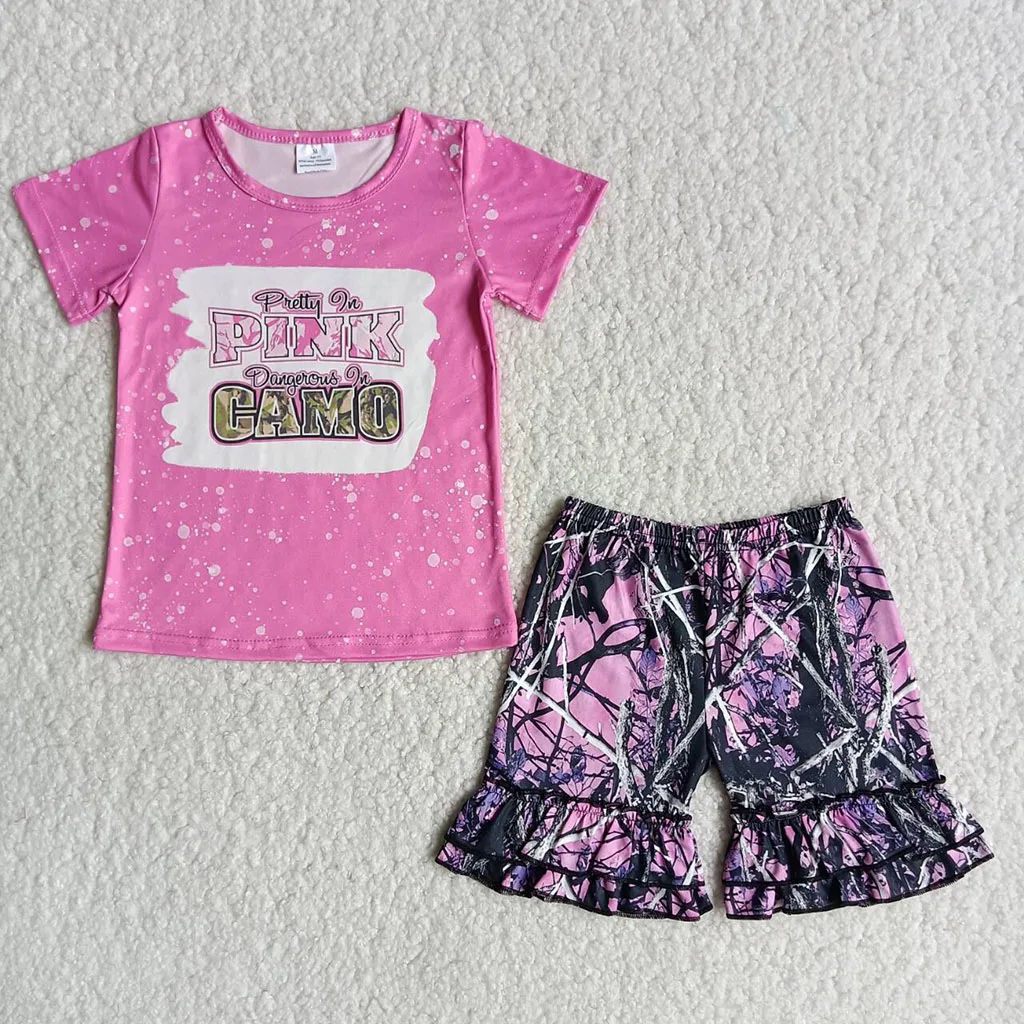 

Летняя праздничная одежда для девочек с цветочным рисунком, розовый Камуфляжный комплект одежды с буквами для девочек, короткая одежда с цв...