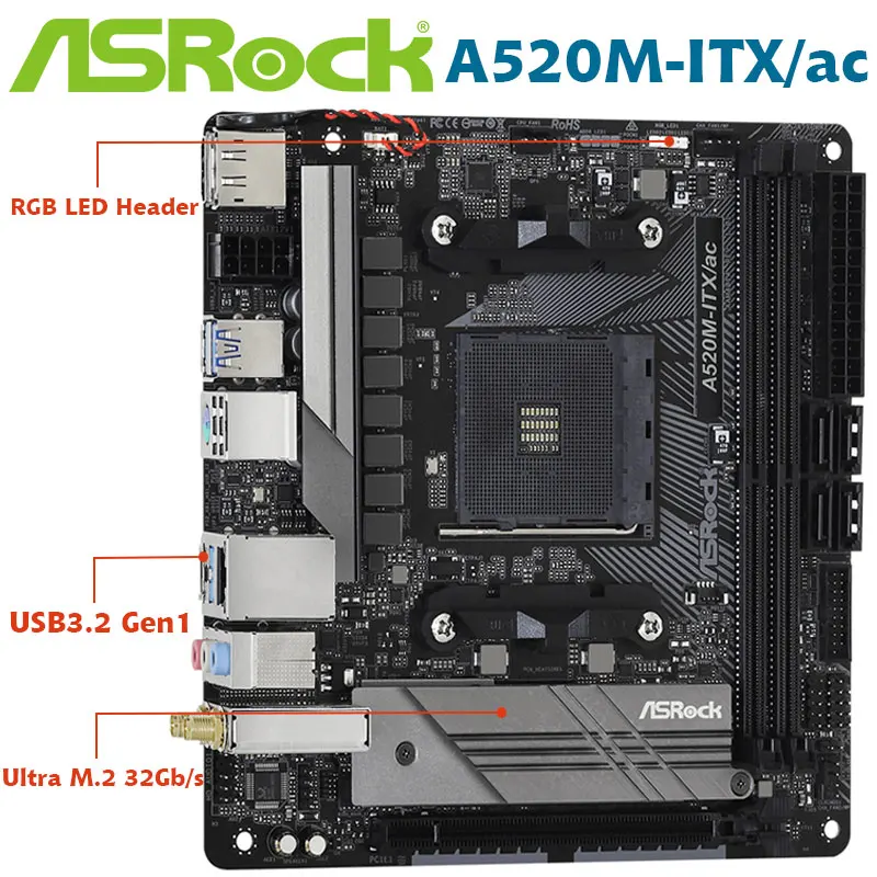 Bestellen Motherboard ASRock A520M-ITX/ac Neue Ddr4 Buchse AM4 64GB PCI-E 3,0 PCI-EX16 M.2 SATA3 USB 3,2 OC AMD A520 Für Desktop Mainboard