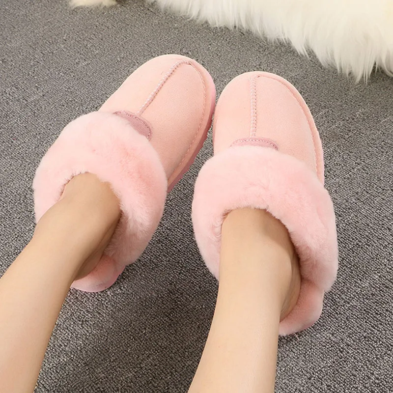 Pink Тапочки с натуральным овечьим мехом; Модные женские зимние тапочки; женские теплые домашние тапочки наивысшего качества из мягкой шерсти; женская домашняя обувь - Цвет: Pink