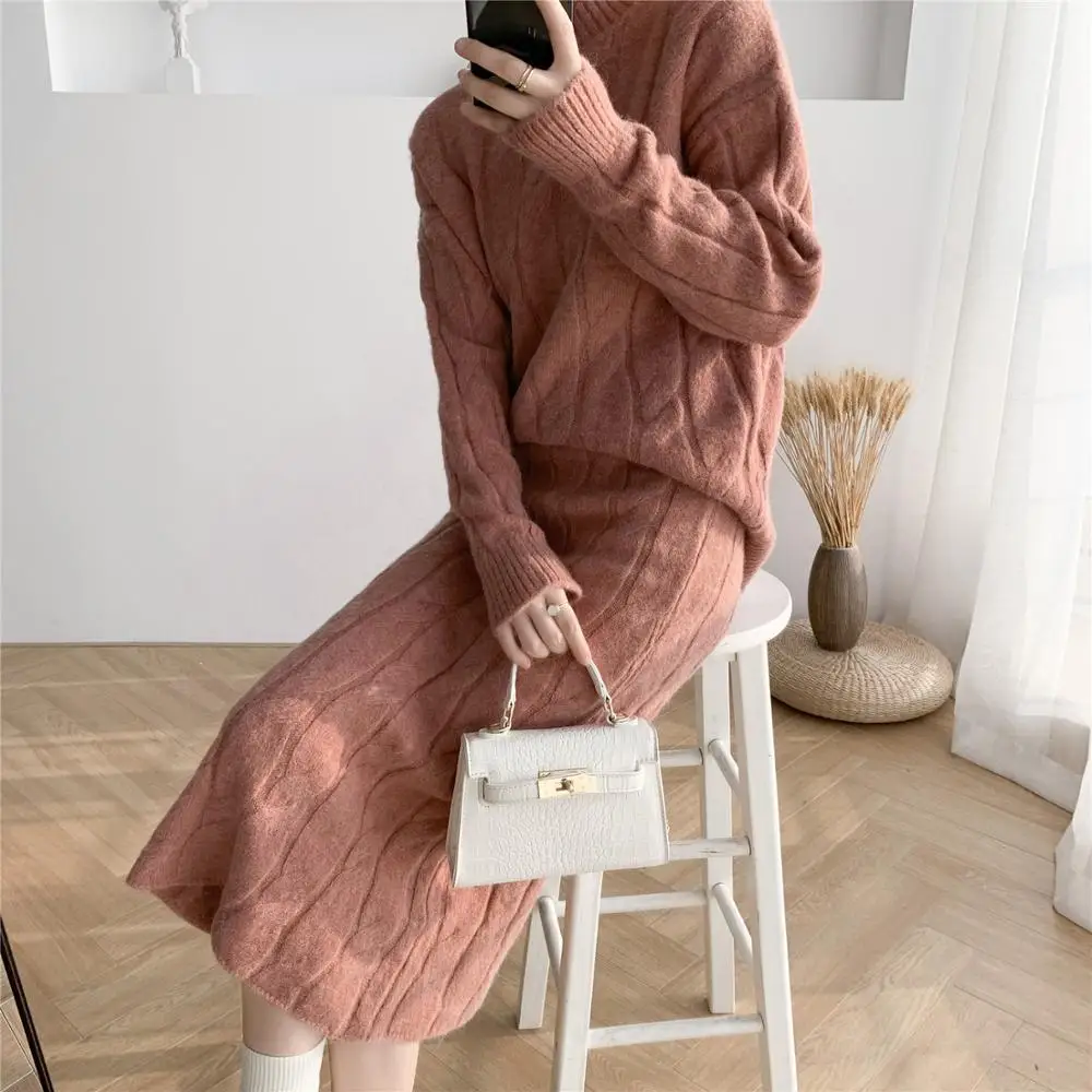 JSXDHK нового размера плюс для осени и зимы Вязанная Женский комплект 2 шт. розовый