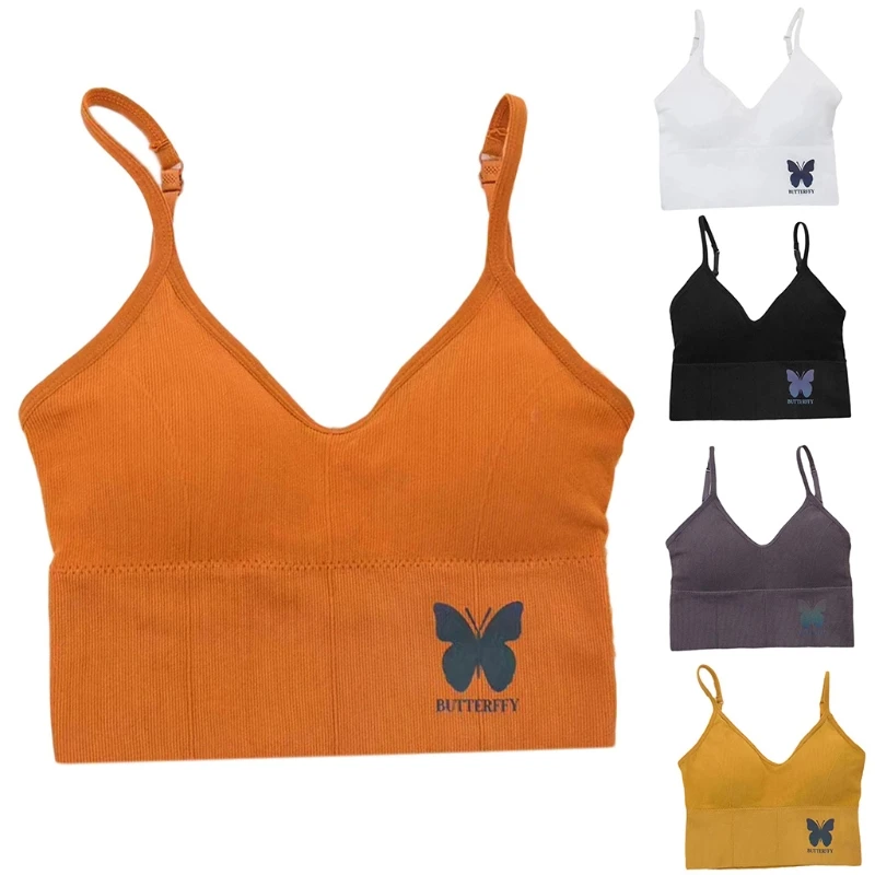 

5pcs Women Sexy V-Neck Bralette Low Cut Backless Cami Bra Reflective Butterfly Print Tank Top Wireless Padded Underwear