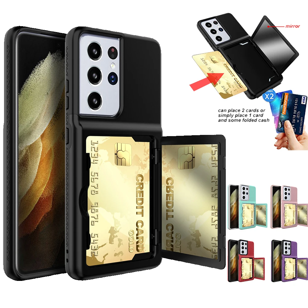 Защитный чехол для карт Samsung Galaxy S21 Ultra Plus с отделением и зеркалом макияжа откидной