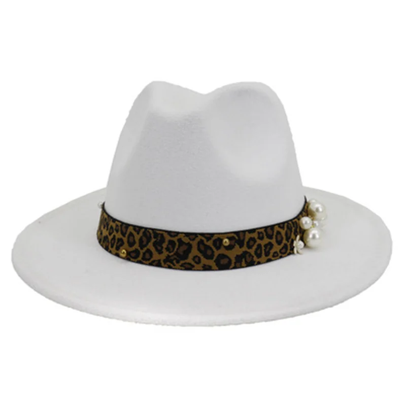 

women hats leopard band pearl fedora felted hats wide brim solid vintage casual outdoor winter autumn men women hats jazz caps