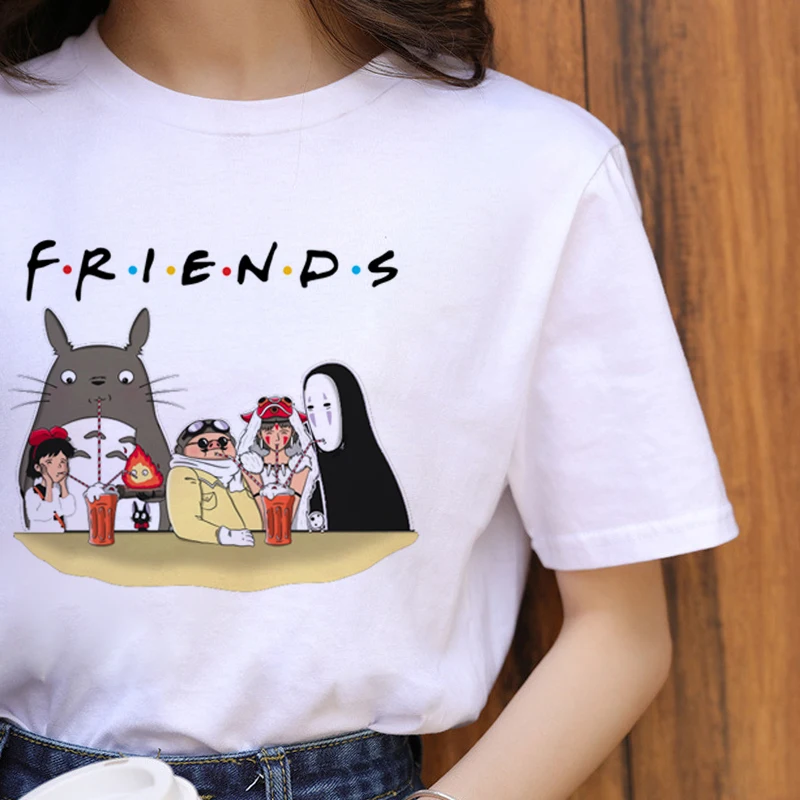 

Fashion Ghost and Totoro Funny T-Shirt Kawaii Animal Party White Short Tops Female Clothes Cute O-Neck Cat Cartoon Women Shirt