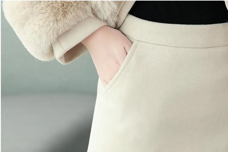 

Plus Size Woolen Thick 2 Piece Skirt Set Women Solid Furry Pockets Long Sleeve Loose Coat Split Short Skirt Elegant OL Skirt Set