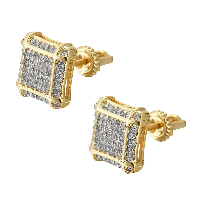 

Men's Hip Hop Stud Earring Micro Paved AAA CZ Stone Bling Ice Out Geometric Earrings for Men Rapper Jewelry Gold Silver Color