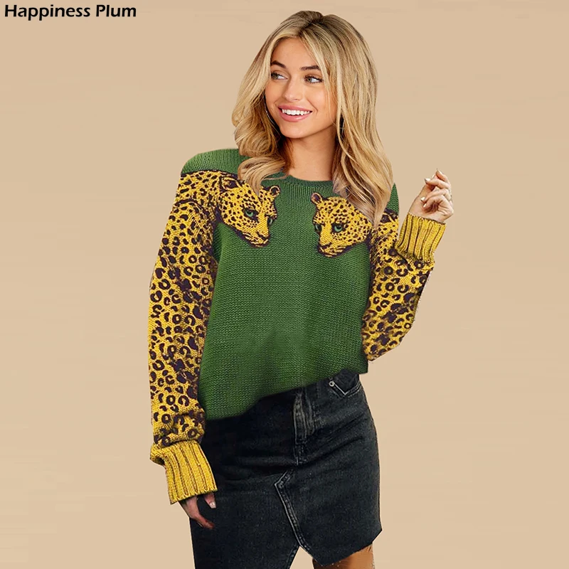 

Womens Sweater Leopard O Neck Long Sleeve Coat for Women