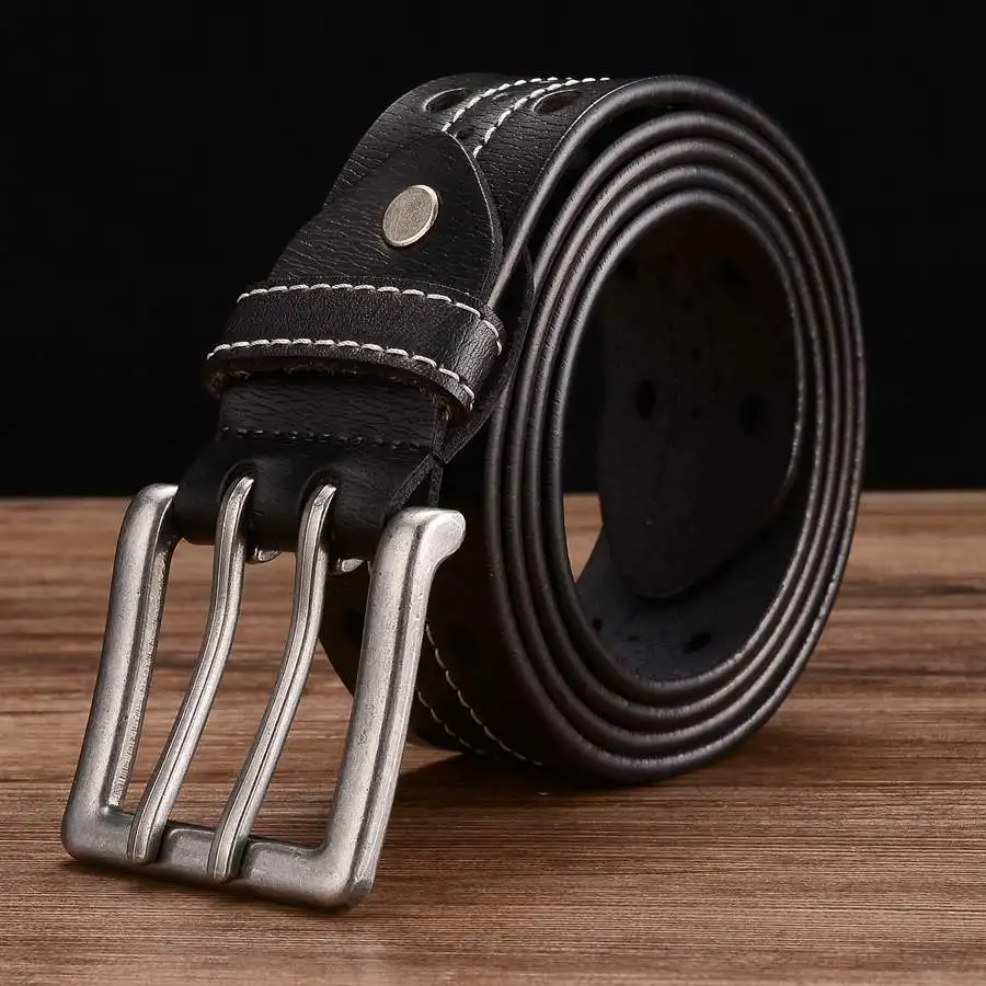 

Genuine Leather Belts for Men Double Row Hole Belt Hollowed Out Belt Jeans Men's Leather Double Prong Waistband cinturon hombre