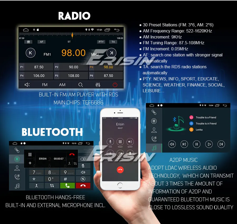 Erisin ES8049U 7 дюймов Android 9,0 DSP автомобильное радио OBD wifi DAB+ ips BT5.0 для универсальных автомобилей