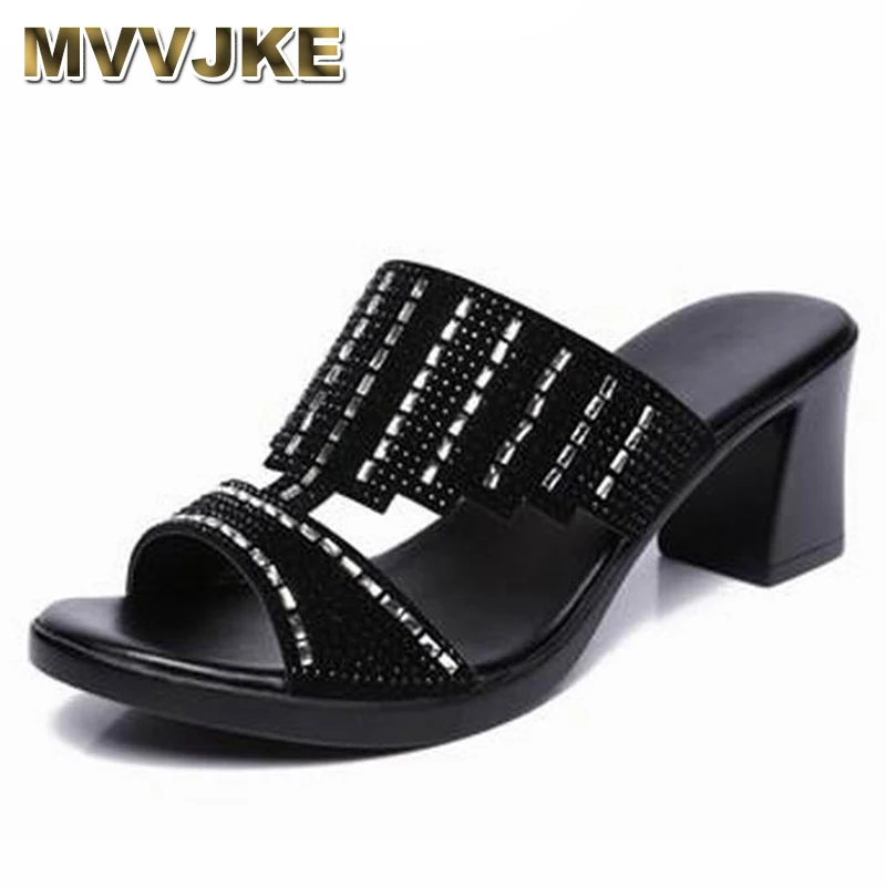 

MVVJKE Sexy Women Shoes Summer Peep Toe Slides Party Evening Big High Heels Slipper Crystal Ladies Slides Plus Size 41 42