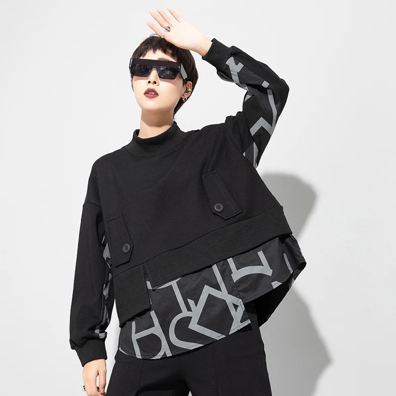 

Black Patchwork Print Sweatshirt Women New Fake Two Piece Pullover Long Sleeve Loose Casual Fashion Clothes Spring Autumn 2022