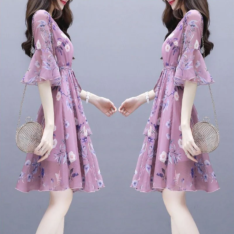 

Elastic Waist Flower Print Women Dress 2020 Autumn V Neck Fit and Slim Soft Female Maxi Ruffled Dress Vestidos