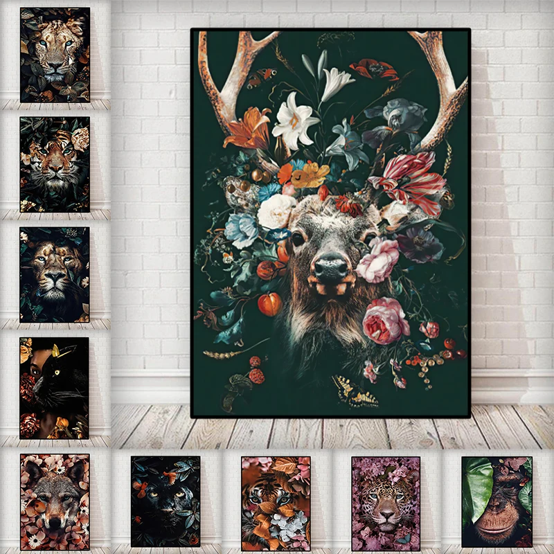 

Nordic flowers tiger elephant lion canvas paintings and posters, animal abstract art pictures for living room decoration.