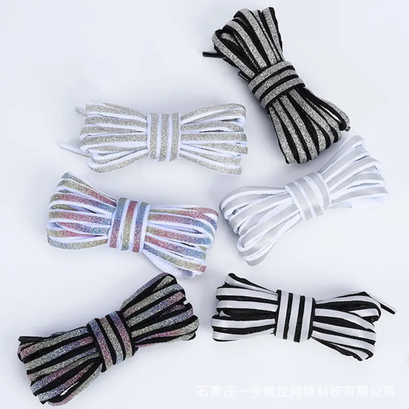 Светоотражающие шнурки лазерные с блестками плетеные для обуви бега взрослых и